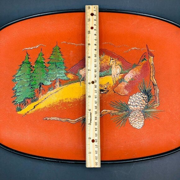 60s Fiberware Serving Tray Hand Painted Woodland Mountain Scene Deer Family - Picture 9 of 10